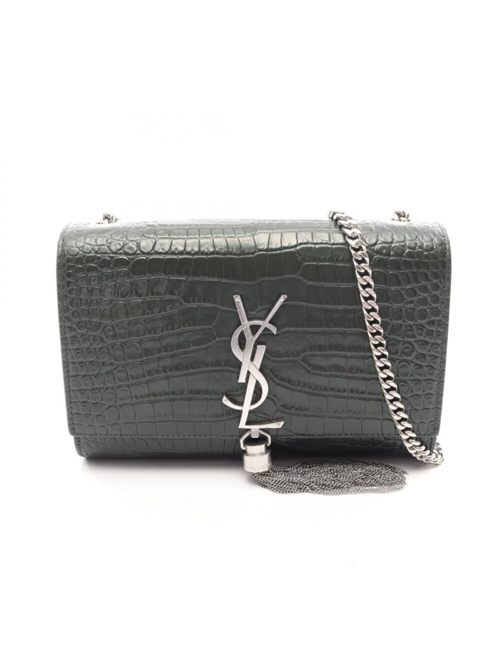 Saint Laurent Paris Shoulder Bag Kate Small Croco Embossed Dark Green Leather